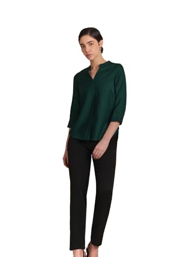 Image of FableStreet Women Shirt Work & Casual | Relaxed Fit Mandarin V-Neck Three-Quarter Sleeves Solid Pattern | Breathable Woven Fabric for Office & Everyday Wear