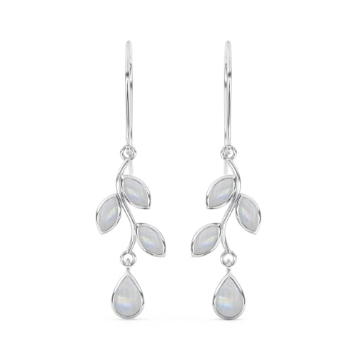 Moonstone Dangle Earrings in Sterling Silver ? Nature-Inspired Leaf Drop Earrings with Teardrop Gemstones ? Handmade Boho Jewelry for Women