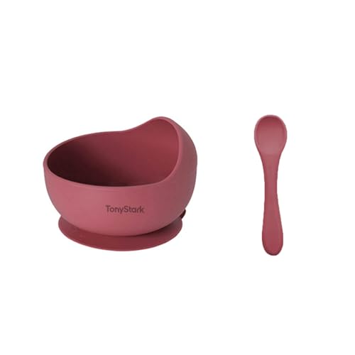 Image of TONY STARK Silicone Unbreakable Baby Bowl & Handle Spoon - Suction Design, Non-Slip, BPA Free, Dishwasher & Microwave Safe (Wine Red, 1 Piece)