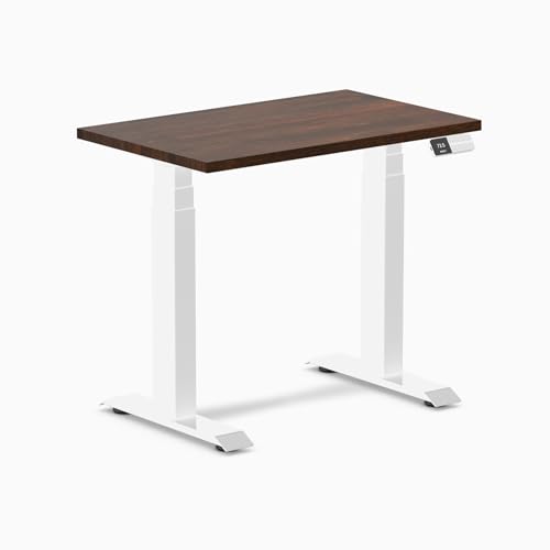 Image of Desky Small Electric Standing Desk, 32 x 20 inches Rubberwood Height Adjustable Sit Stand Desk with Dual Motor and Memory Presets, Compact Home Office Workstation - Dark Walnut Wood Top