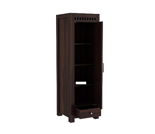 Image of Sheesham Wood Wooden Single Door Wardrobe Organizer for Clothes | - Solid Wood Almirah with 1 Drawers, 4 Shelves - Cupboard for Large Bedroom (Design 1)