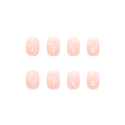 Misud Squoval Press On Nails Square Short Fake Nails Pink Acrylic Nails Glossy Glue On Nails Artificial False Nails With Simple White Line Designs 24 Pcs #TOP1