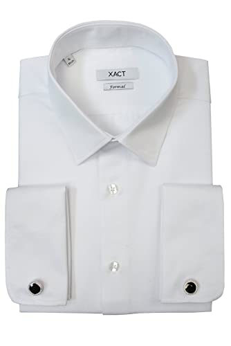 Xact Camisa de vestir formal de manga larga con doble puño para hombre, gemelos incluidos, Herringbone - Blanco, 58