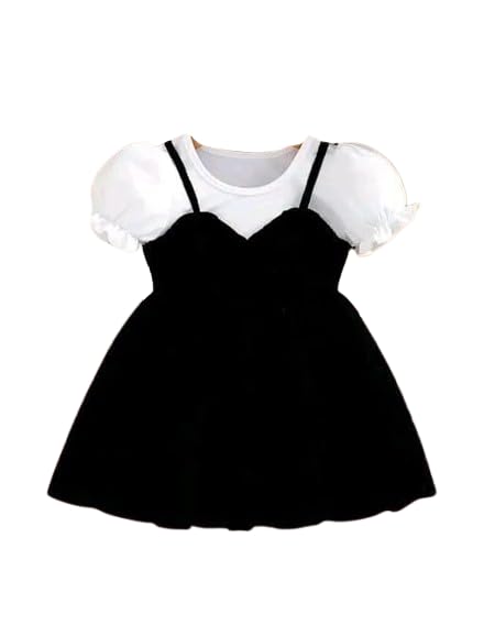 Image of Kid Girls Black & White Short Sleeves Cute Knee Length Frock Dress| Comfortable, Breathable, Lightweight & Skin Friendly