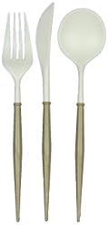 Sophistiplate Bella Flatware Cutlery Set for 12 | Fork, Spoons & Knives Silverware Utensil Set | Reusable Dinnerware Sets Plastic Top Rack Dishwasher Safe | White Flatware with Taupe Handles 36 Count