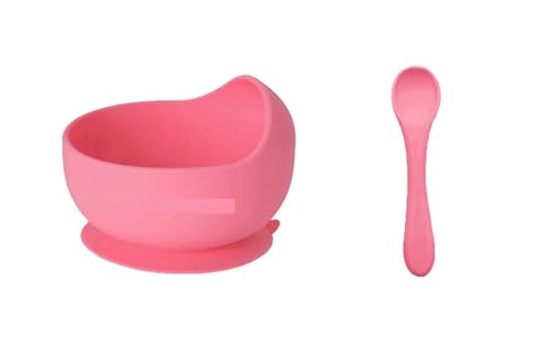 Image of Xacton Baby Feeding Bowl & Wood Solid Handle Spoon I Silicone Unbreakable Non-Slip Suction Base Design I BPA Free, Dishwasher, Freezer & Microwave Safe I Feeding Kit for Infants & Toddler (Pink)