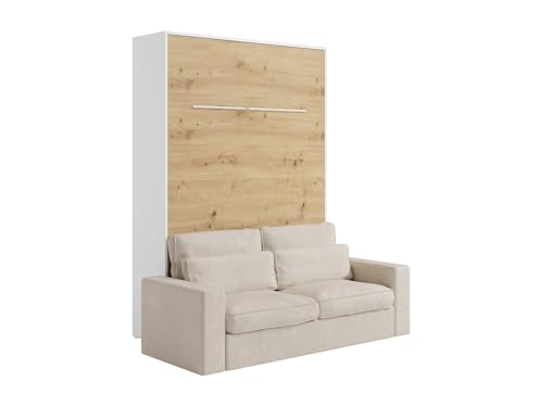 Vente-unique-Lit escamotable 140 x 200 cm - Ouverture Verticale Manuelle - avec LEDs - Blanc et Naturel + Canapé - RAPILI