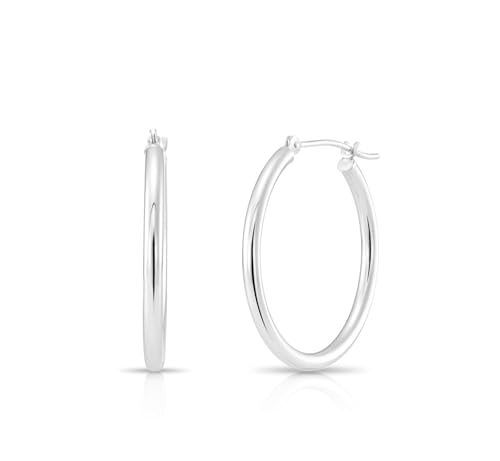 Classic 10K White Gold Hoop Earrings - Shiny Polished Plain Round Gold Hoops for Women and Men