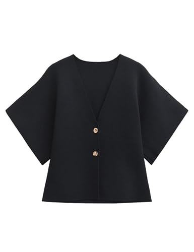 Image of Wanzetaly Womens Oversized Cardigans Short Sleeve Lightweight Button V Neck Casual Knit Sweater Outerwear