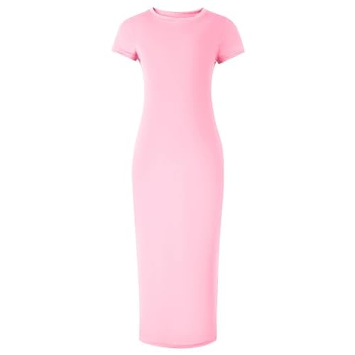 EXARUS Girls Bodycon Maxi Dress Spaghetti Strap Slip/Sleeveless/Short Sleeve/Long Sleeve Kid Pencil Casual Long Dresses Short Sleeve 10 Years Pink