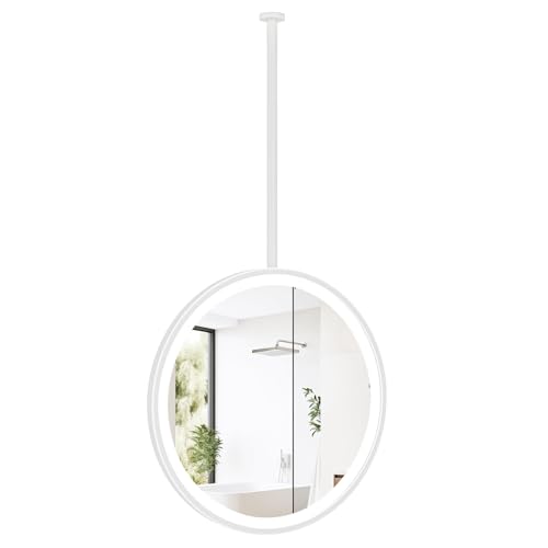 Lonmrrton Specchio da Bagno sospeso, Specchio da toeletta a LED con luci, Specchio da soffitto con Cornice in Metallo e Braccio, Specchio Decorativo da Parete Rotondo Bianco(Diameter-40CM/15.7INCH)