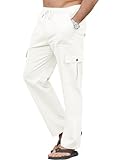 YloveM Pantalon Homme Lin Taille Elastique LéGer pour Yoga Pantalon éTé Homme Coton avec Poches DéContracté pour Plage Cargo Baggy Homme avec Cordon Casual Blanc L