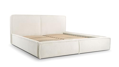 mb-moebel MOEBLO Polsterbett Bett 04 – Doppelbett mit Cord Bezug, Kopfstütze, gepolstertes Kopfteil, Rahmenbettgestell, Bettkasten und Lattenrost - (Creme, 160 x 200 cm)