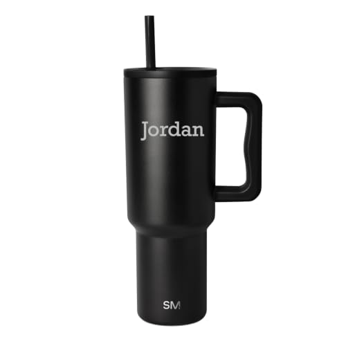 Image of Simple Modern Personalized 40 oz Trek Tumbler with Handle and Straw Lid | Cup Holder Friendly Insulated Stainless Steel Travel Mug | Midnight Black
