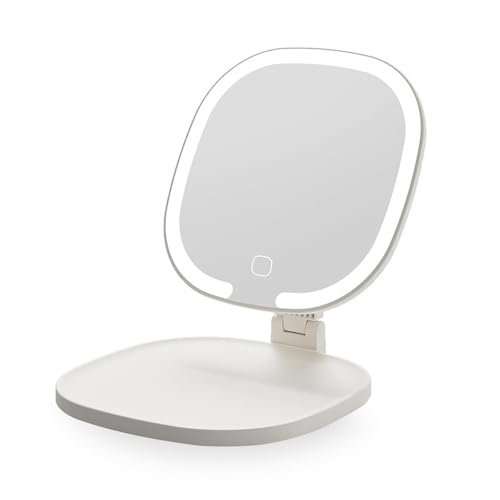 Ansuoda Kosmetikspiegel mit Beleuchtung, Wiederaufladbarer Klappbar Reisespiegel, 3 Lichtfarben & Einstellbare Helligkeit Ultraschlank Tischspiegel für Schlafzimmer und Badezimmer