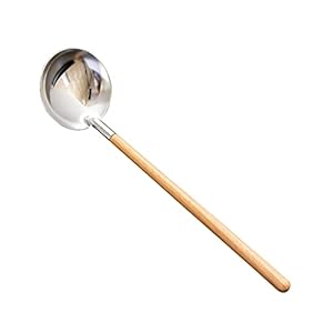 ZFW Roestvrijstalen Lepel Met Houten Handvat, Multifunctionele Lepel Roestvrij Staal Hittebestendig Houten Handvat Brandveilig Geschikt Voor Familiehotel-Restaurant Zilver