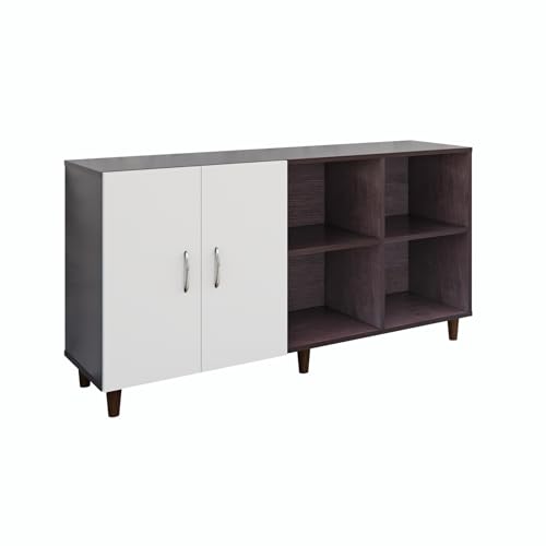 Image of VIKI Modern TV Unit for Living Room | Engineered Wood TV Cabinet with 2 Door Storage & 2 Open Shelves, Entertainment Unit, 140W x 74H x 40D cm | DIY | 1 Year Warranty (Wenge & White)
