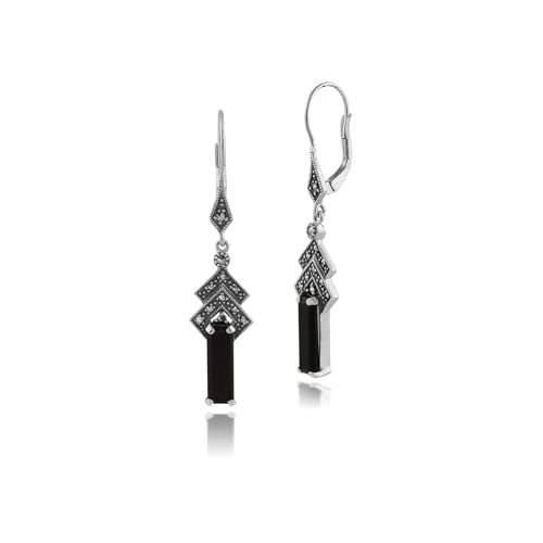 925 Sterling Silver Vintage Inspired Art Deco Octagon Facet Green Chalcedony, Black Onyx and Marcasite Drop Earrings 4cm Long