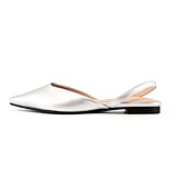 DREAMCIA Slingback Silver Flats for Women, Pointed-Toe Ballet Flats with Buckle Strap for Elegant Women，Classic Low Heel Dress Shoes for Casual Work Office Party（Size 11）