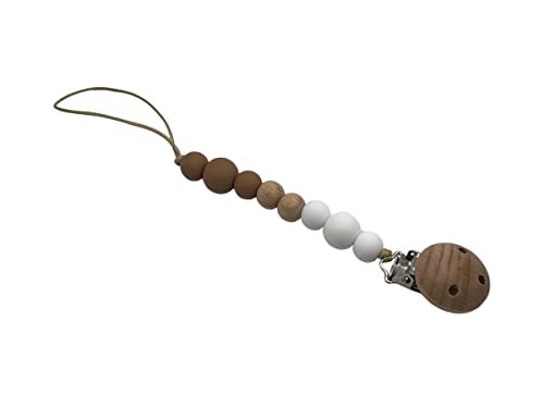 Image of Pacifier Holder for Boys and Girls; Universal, Modern, Unisex; Silicone Pacifier Clip; 100% Silicone Pacifier Strap with Clip Keeps Pacifiers, Teethers & Small Toys in Place; BPA Free - Light Brown