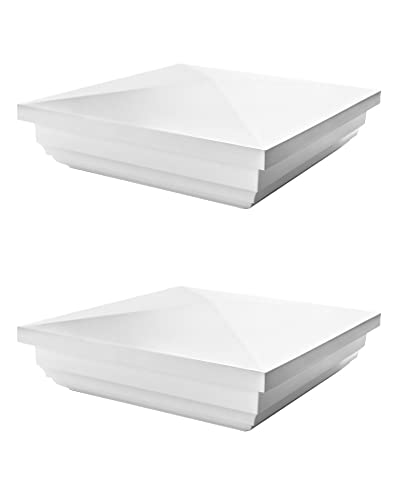 QWORK Vinyl Fence Post Cap, 2 Pack 5" x 5" PVC Square Fence Post Top Cover, New England Pyramid Style, for Mailbox, Lamp Post, Deck, Dock, Piling Caps, White by QWORK - Used condition - Image 2