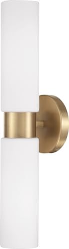 HomePlace Lighting 652621AD Theo Minimalistic Luxe Soft White Glass Wall Sconce Bath Vanity Bar, 2-Light 200 Total Watts, 21" H x 5" W, Aged Brass