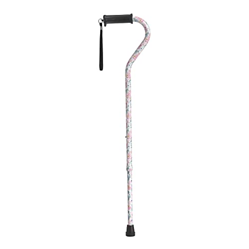 Drive Medical RTL10372FL Adjustable Height Offset Handle Cane with Gel Hand Grip, Floral, Aluminum Tubing, Wrist Strap, 1-Button Height Adjustment with Locking Ring