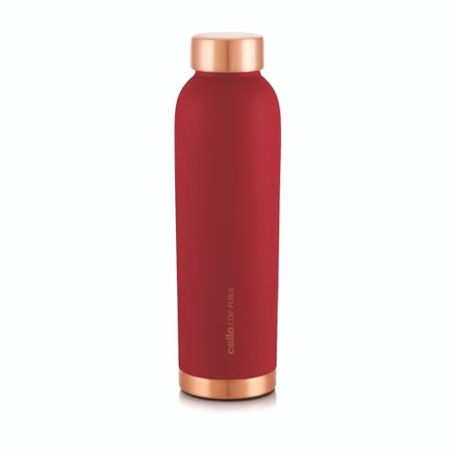Image of CELLO Evita Copper Water Bottle For Daily & Office Use 1000 ml, Red | Leakproof & Rustproof ISI Certified Single Wall 100% Pure Copper Promotes Immunity, Improve Digestion & Supports Healthy Living