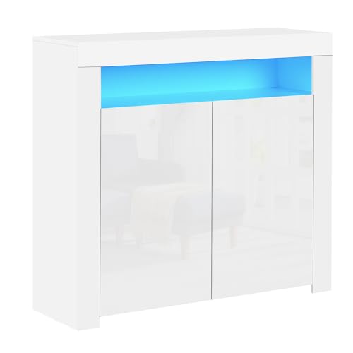 Panana Commode de Eclairage LED Meuble de Rangement avec 4 Compartiments de Stockage + 2 Portes sur Salon, Chambre, 107 x 35 x 97 cm (Blanc)
