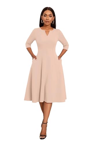 Image of Nmoder Midi Dresses for Women A-Line Fit and Flare Dress 3 /4 Sleeve V Neck Cocktail Wedding Guest Work Dress with Pockets