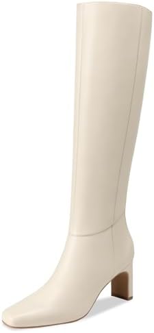 Athlefit Knee High Boots for Women Square Toe Chunky Heeled Tall Boots with Side Zipper