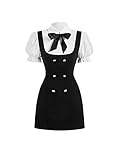 Verdusa Women's Colorblock Button Front Puff Sleeve Collar 2 in 1 Short Dress White and Black L