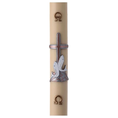 Paschal Candle with Fishes Over Copper Cross, 3x47 in, Beeswax