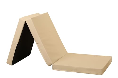 Image of Sapphire Collection Z Bed Sleepover Kids Bed, Footstool Pouffe, Kids Chair Foldable Mattress for Indoor, Outdoor, Bedroom, Playroom - Soft & Comfy Plain Futon Set (Cream)