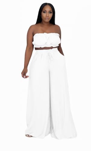 Image of Two Piece Sets for Women Summer Outfits Crop Tops and Wide Leg Pants Sets Sexy Jumpsuits Vacation Outfits with Pockets