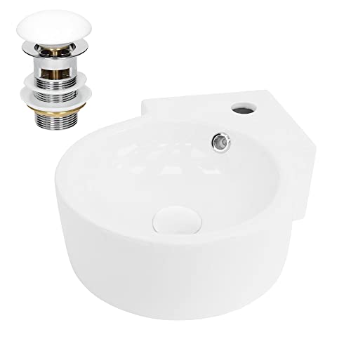 ML-Design Lavabo Esquinero de Cerámica 45x36x13cm Blanco con Desagüe Fregadero Redondo de Pared o Sobre Encimera Pila Moderna Lavamanos para Baño o Aseo con Agujero para Grifo y Rebosadero