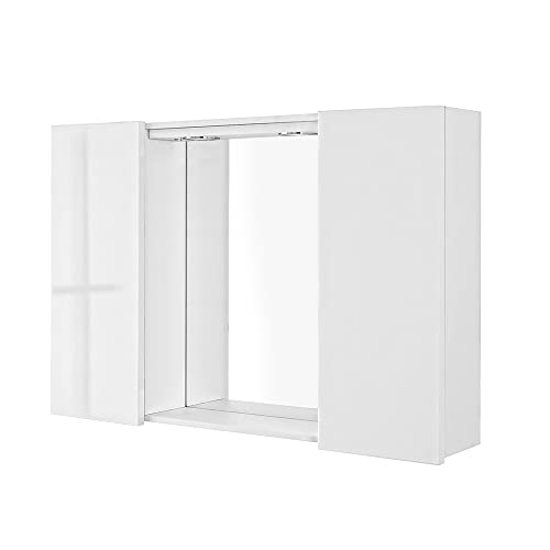 Inbagno Specchio con mobiletto, Bianco Lucido, a Due Ante, Completo di faretti LED e mensole in Vetro Way