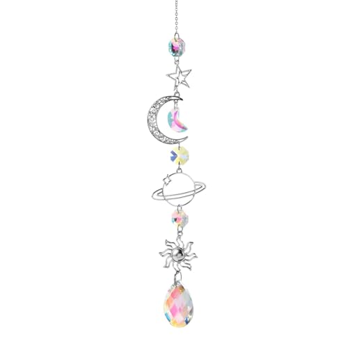 Colorful Crystal car Mirror Hanging Accessories，Car Charm，Rear View Mirror Hanging Decors， Gifts for Women (Moon-A)