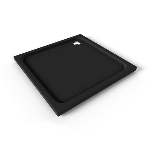 Plato de Ducha Acrílico 80x80 cm Negro| Textura Pizarra Antideslizante | Extraplano 5 cm | – Incluye válvula y rejilla | Moments of Glass