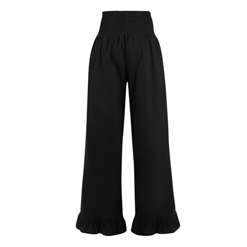 Image of Womens Linen Palazzo Pants Ruffle Hem Drawstring Boho Trousers Beach Travel Vacation Outfits