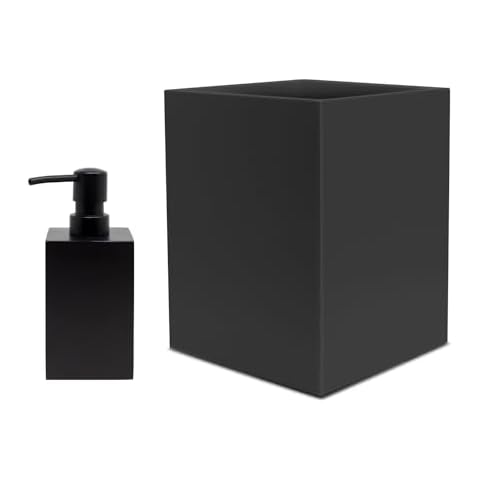 Yew Design Matte Black Soap Dispenser for Bathroom, 15oz Square Rustproof Liquid Hand Dish Soap Dispenser Pump Plus Square Small Trash Can, 2 Gallons / 7.5L Garbage Can, Waste Basket Bundle Cover