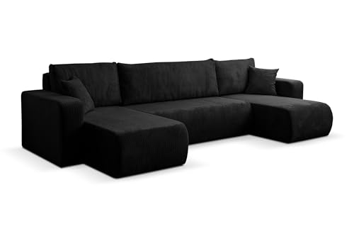 VENASI MÖBEL Canapé d'angle avec fonction lit et tiroir de rangement Luna Forme U Canapé d'angle Canapé convertible (Noir)