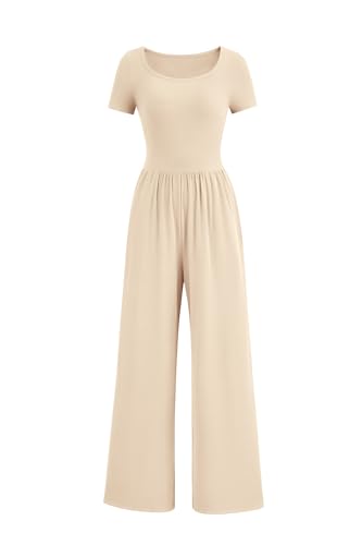 PRETTYGARDEN Women's Summer One Piece Jumpsuits Dressy Casual Short Sleeve Square Neck Wide Leg Jumpsuit Rompers