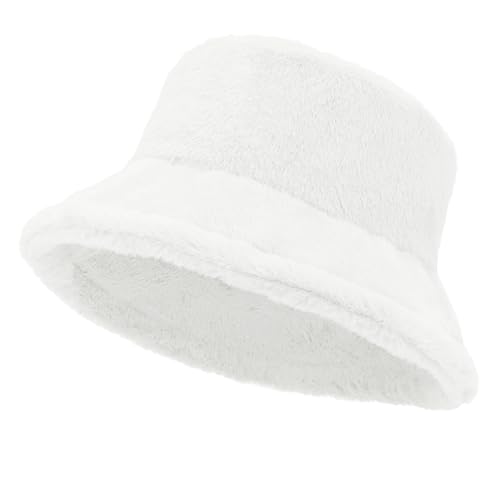 Women Plush Fluffy Bucket Hat Warm Lining Winter Faux Fur Cozy Wide Brim Winter (White)