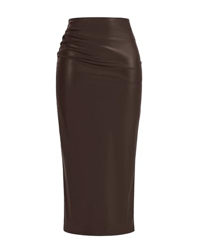 BTFBM Fall Skirts for Women 2025 Business Casual Outfits Elastic Waist Ruched Bodycon Slit Pencil Midi Leather Skirt