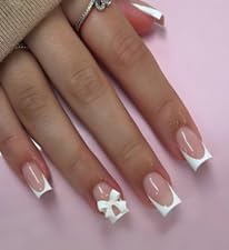 Press-On Nails, Short Square Shape, White French Tip, Natural Pink, 3D Bow Detail, 24 Piece FREE NAIL GLUE INCLUDED
