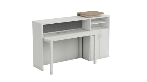 Image of TEKAVO Frontline Reception Table for Office, Shop, Clinic, Showroom | Front Desk for Office | White & Brown Wood | 180 x 40 x 114 CM | DIY