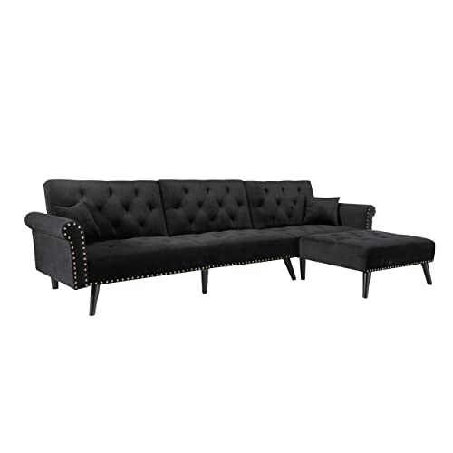 Lch Velvet Convertible Sleeper Sectional Sofa Bed,Reversible L Shaped Button Tufted Couch Furniture Set With Chaise Lounge 2 Pillows For Living Room, Black #TOP4