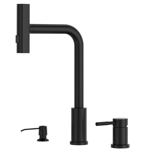 Image of 3 Hole Kitchen Faucet with Pull Down Sprayer and Soap Dispenser, Matte Black 3-Spray Modes Waterfall Kitchen Faucet Easy Installation for Modern Kitchen Sink, Stainless Steel