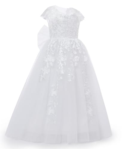 JISISANG Lace Applique Flower Girl Pageant Princess Ball Gowns Dress with Bow-Knot for Wedding Formal Party2